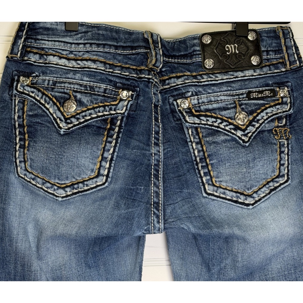 Miss Me Y2K Grunge Rhinestone Flap Pocket Bootcut Jeans Blue Denim Size 30 - Picture 5 of 16